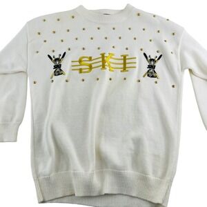 Gepetto Vintage Sweater Ivory Gold Embroidered SKI Pullover Size Large